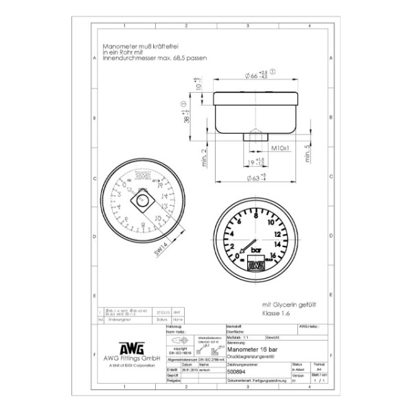 Manometer AWG für Druckbegrenzungsventil, 0-16 BAR