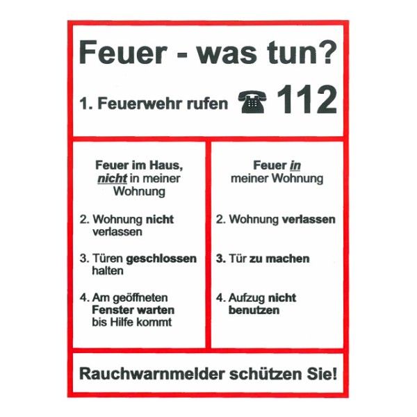 Hinweisschild Feuer - was tun ?,