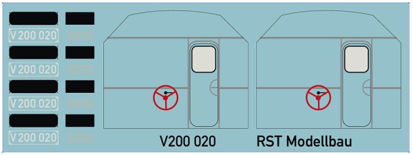 Naßschiebebild für Führerstandsrückwand und Lokschilder für Piko V200 (Spur H0)